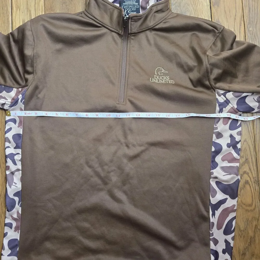 Ducks Unlimited Men's L 1/4 Zip Brown & Camo Long Sleeve Pullover Hunting Hiking